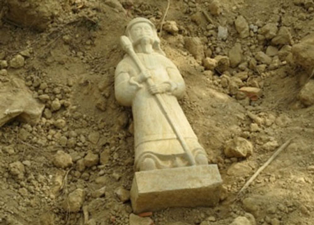 An ancient stone statue at Hoàng Mười Temple discovered